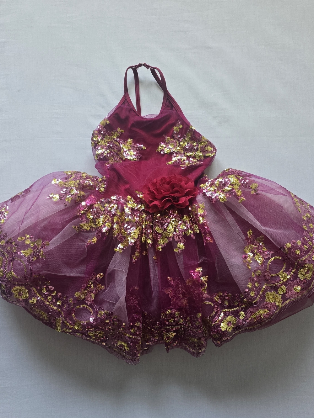 Burgundy and Gold Sequin Tulle Dance Costume with Flower Accent